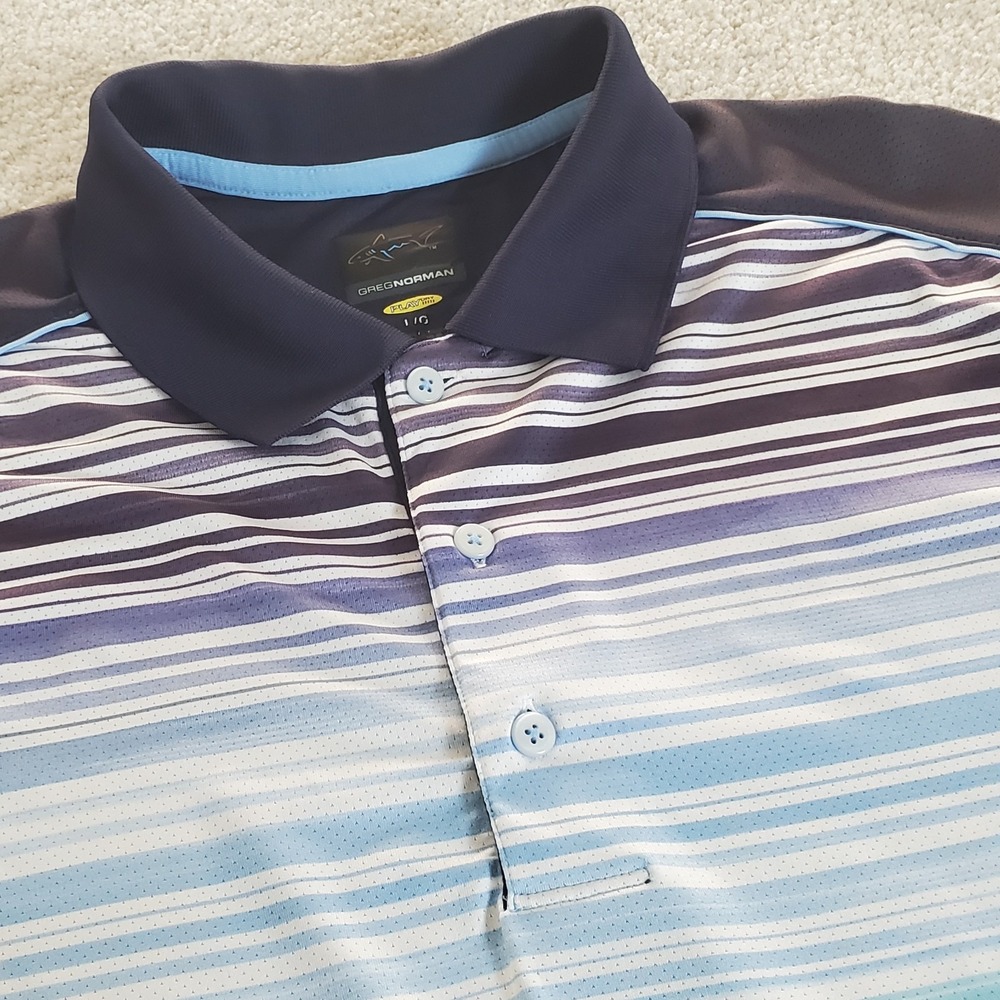 Greg Norman Men's Polo Shirt Size L Large Blue Striped Play-Dry Marlin